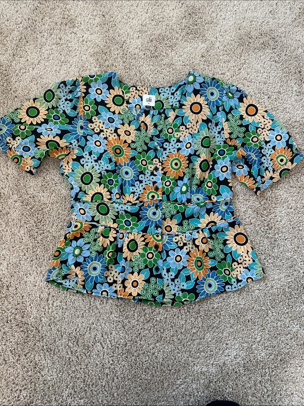 Cabi Style 5900 Floral Peplum Top Medium Blue Green Retro Button Front Blouse